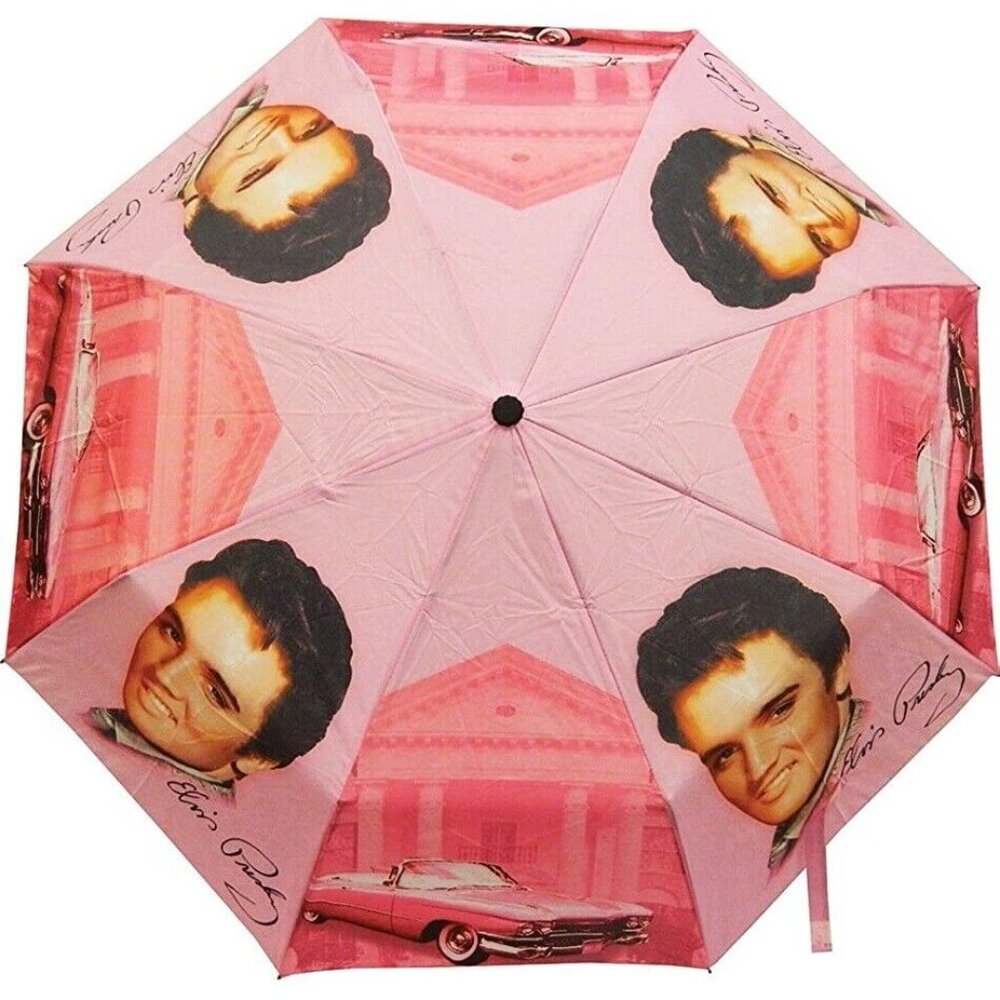 New 40" Width Pink Cadillac Elvis Presley Compact Umbrella The King Photo Caddie